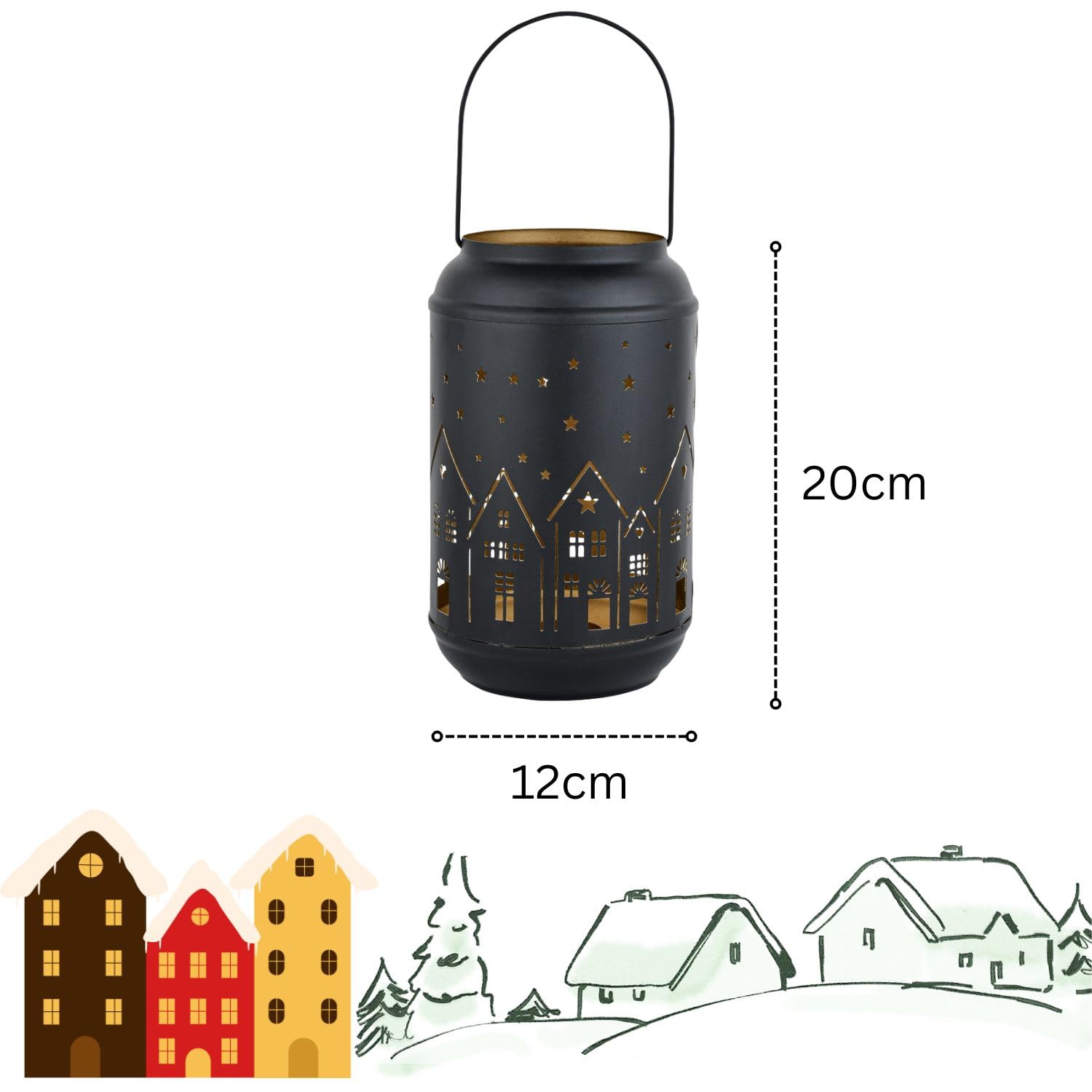 Marrakech Juego de 2 portavelas decorativas Glowtree negro y dorado, 20 cm, con diseño de casas, de metal, candelabros escandinavos, farol moderno, decoración de Adviento, decoración navideña y
