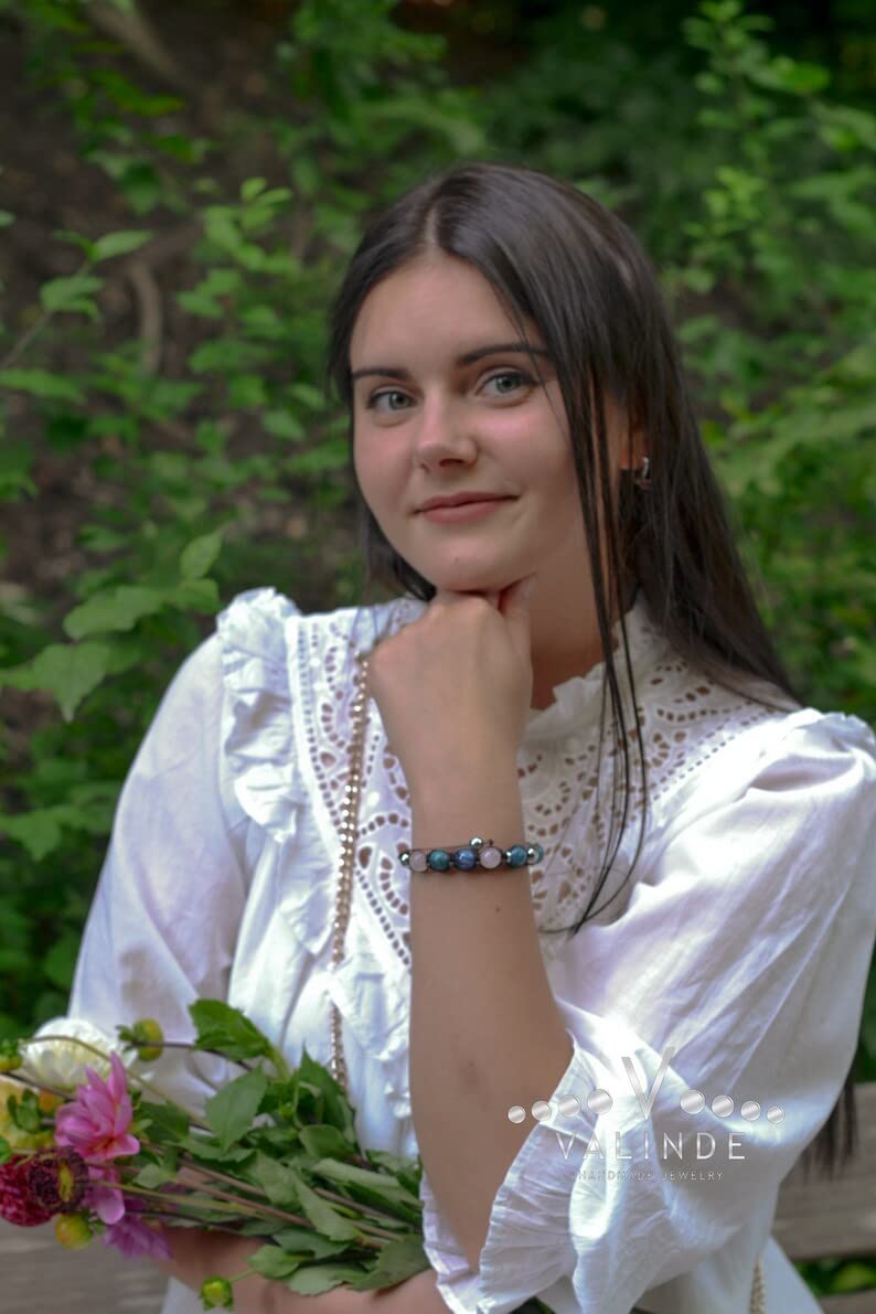 Damen Edelstein Armband | Armband für Frau mit Edelsteinen | Apatit Rosenquarz Kyanit Hämatit | Makramee Bracelet | Geschenk für Frau| Handgemacht | LIMITED EDITION