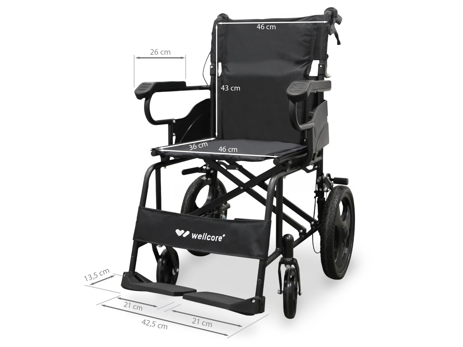 WELLCORE Fauteuil roulant de transfert pliant, châssis en acier, léger et compact, roues solides, freins à poignée, dossier pliable, largeur d'assise 46 cm, jusqu'à 100 kg.