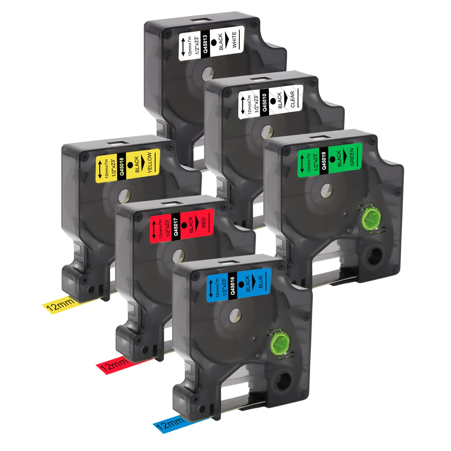 6 nastri compatibili Dymo D1 12 mm x 7 m per LabelManager 160 280 100 210D 360D 420P, 6 colori: bianco trasparente blu rosso giallo verde