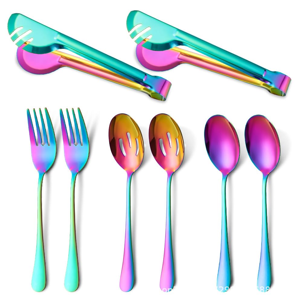 Generisch Dieses 8-teilige Edelstahl-Besteckset besteht aus Serviergabel, Löffel, Sieb, Mehrzweck-Tischbesteck, Steakzange und Servierlöffel. Rose Go, Rainbow-6-Set