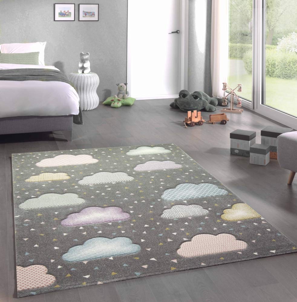 CARPETIA Alfombra para niños Alfombra para bebés Nube Gris Azul Rosa Größe 140x200 cm