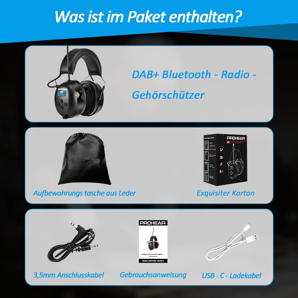 PROHEAR 033A (ulepszone) nauszniki z radiem DAB +/Bluetooth/FM, słuchawki z radiem z wbudowanym mikrofonem i redukcją hałasu