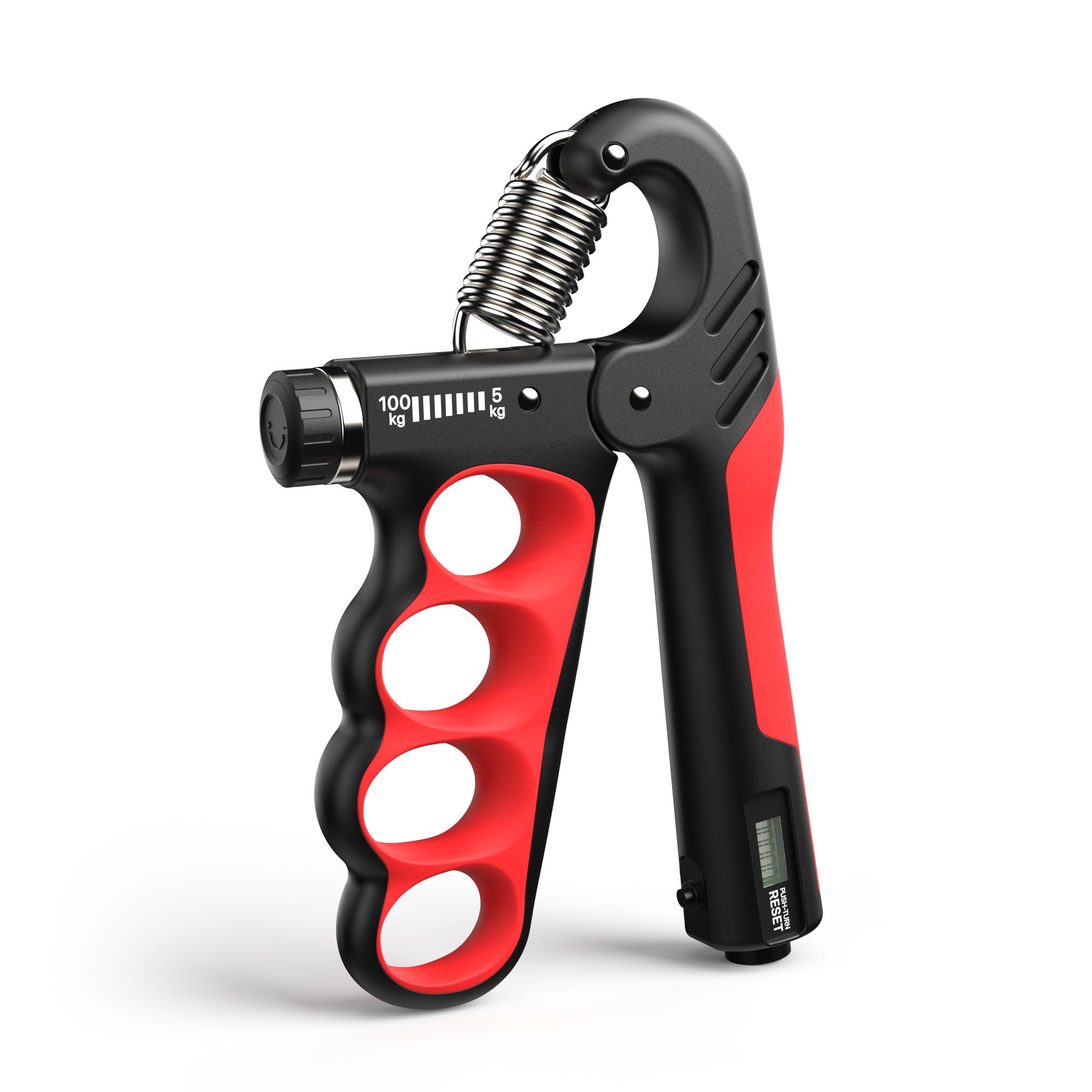 MACYO Grip Strength Trainer, Hand Grip Strengthener with Adjustable Resistance 11-220Lbs(5-100KG), Automatic Counter, Ergonomic Design, Forearm Strengthener for Musicians Athletes and Injury Recovery (Red)