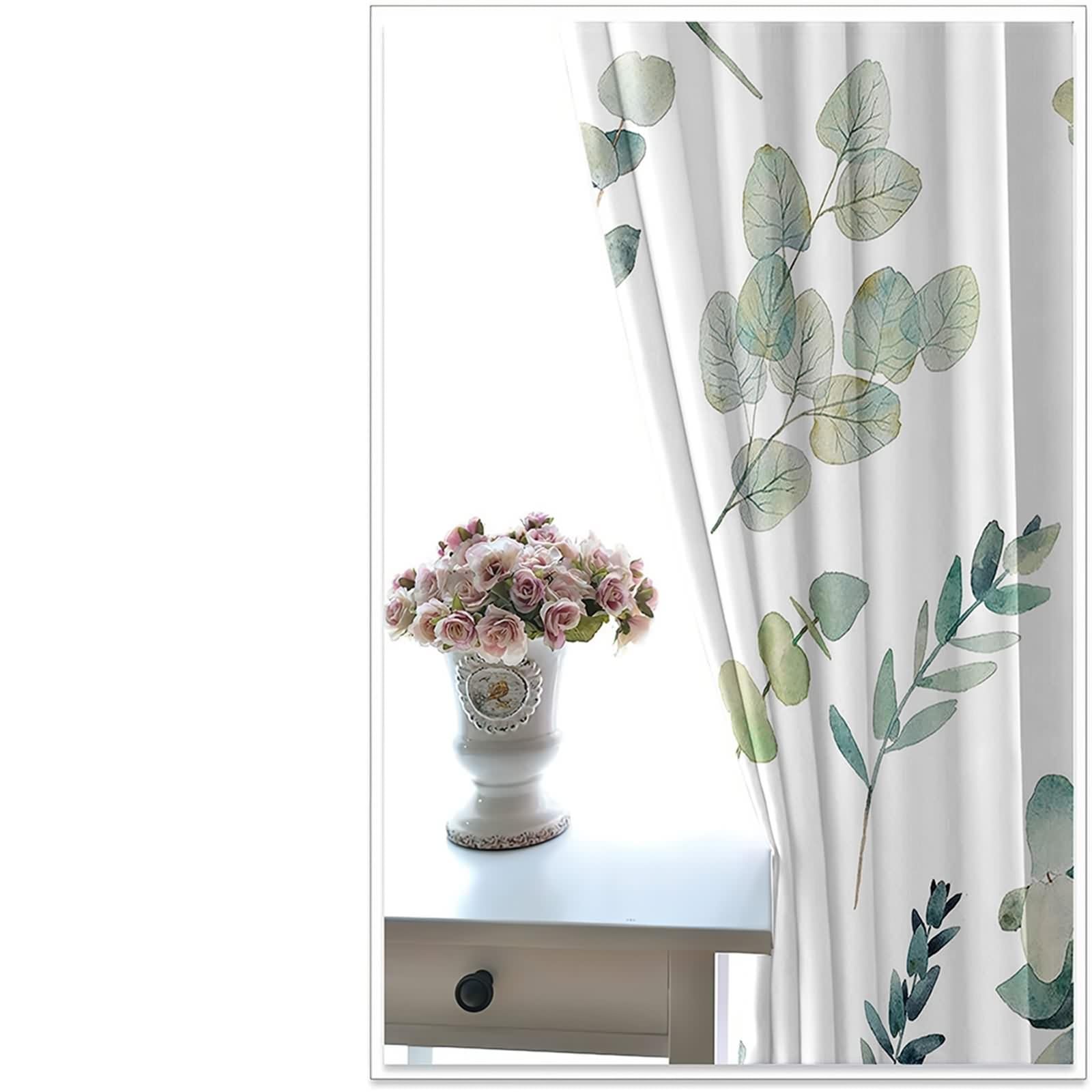 Rideau Salon Moderne, Rideaux Vert Blanc Polyester Branches Feuilles Décoration Chambre 107L x 214H CM Lot de 2