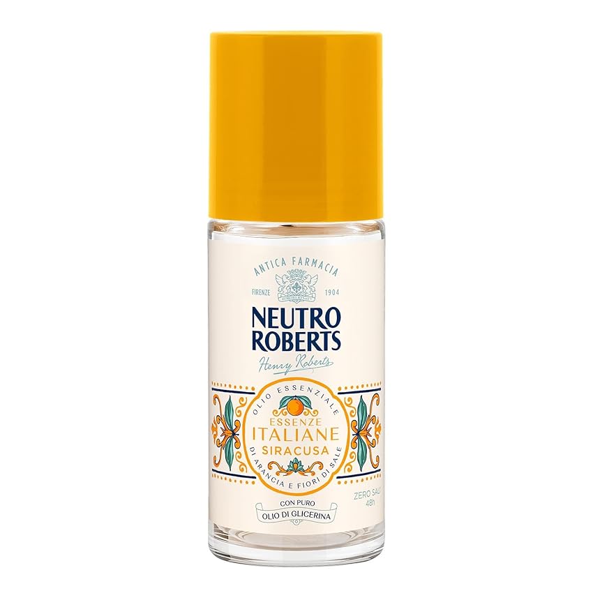 Neutro Roberts, Deodorante Roll-on Siracusa Senza Sali di Alluminio, Zero Macchie, con Olio Essenziale di Arancia e Fiori di sale, Con Puro Olio di Glicerina, Deodorante Donna e Uomo, 50 ml, 48h