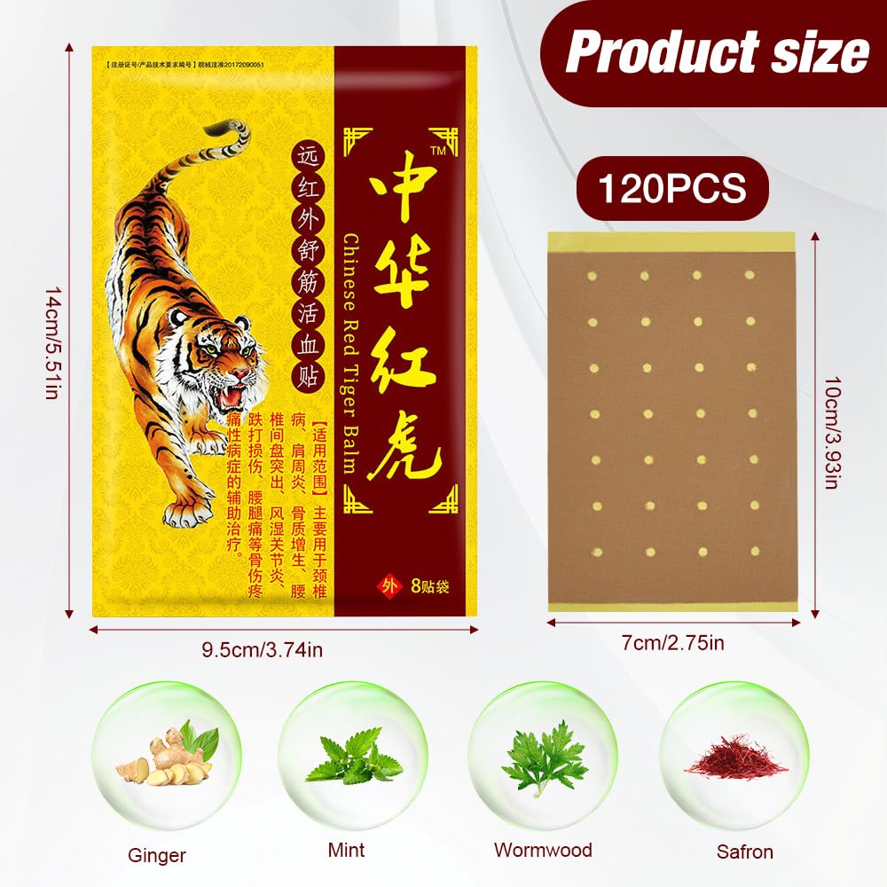 Parches de Tigre Chino, 120 PCS Parches Para El Dolor, Parches de Tigre, Parche para Aliviar el Dolor para Rodilla,Cuello,Hombros,Dolores Musculares