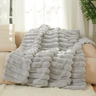 The Nantucket Blanket - LuxeComfort Faux Fur Striped Blanket 50"x60" Pebble Grey - Luxuriously Soft Cozy Warm Gift for Women, Plush Silky Fuzzy Heavyweight Reversible Design Home Decor