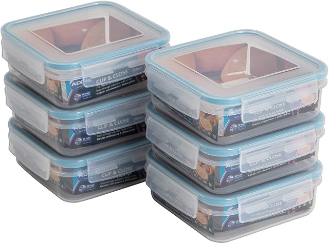 Addis Clip & Close 700 ml Square Food Storage Airtight Lockable Lid, Bulk Pack of 6 containers, Clear, Clear & Blue, 6 x 700 ml