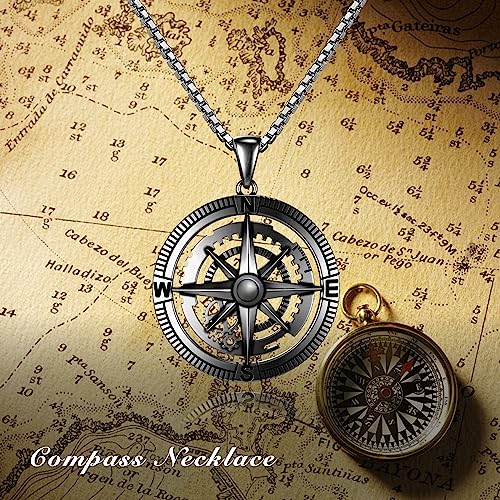 Compass Necklace 925 Sterling Silver Black Gold Compass Necklace for Men Vintage Gear Compass Jewelry Gifts for Men Father Husband Boyfriend3
