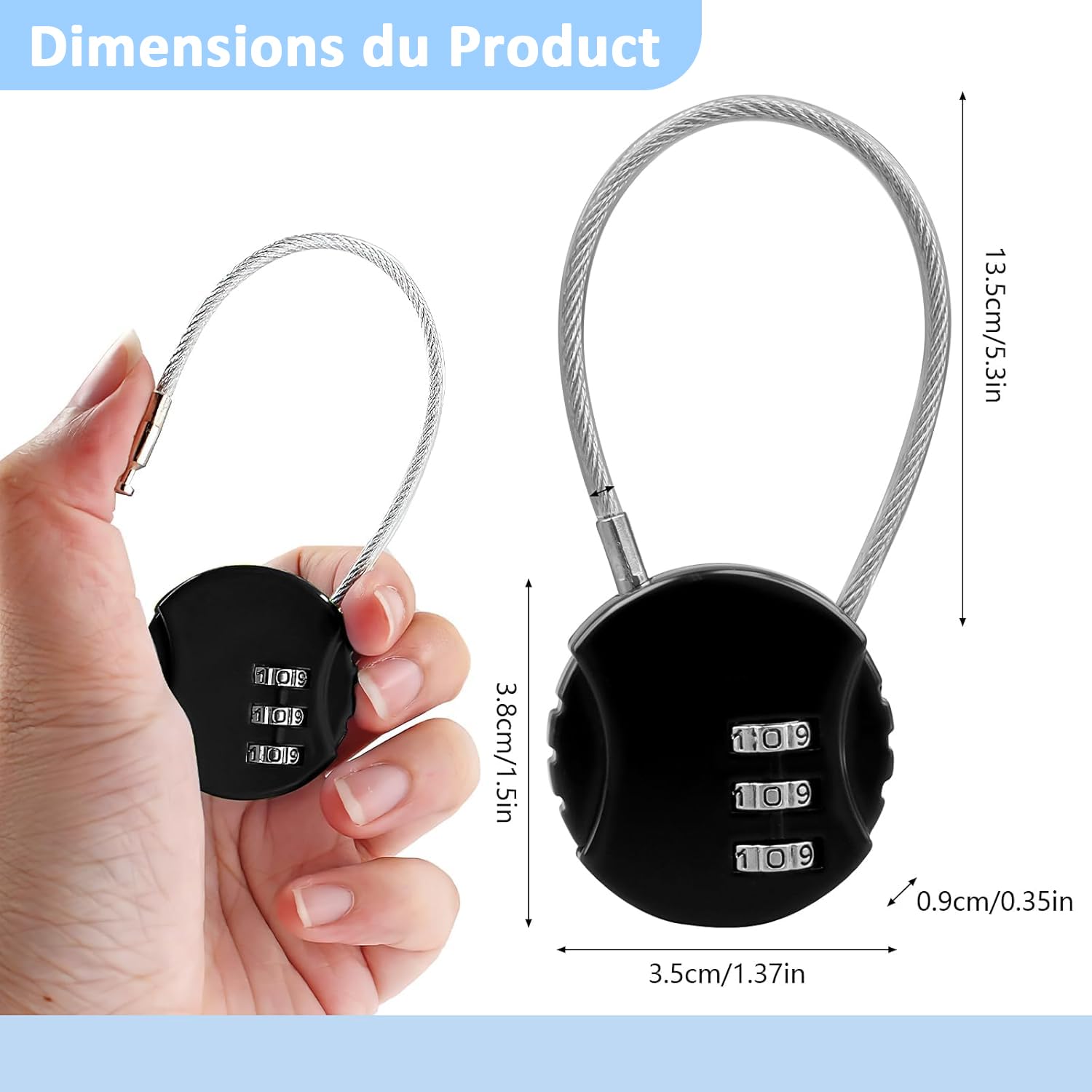 Lot de 36 Petits Cadenas à Câble, Code 3 Chiffres Réinitialisable | Cadenas Noirs en Alliage de Zinc avec Câble en Acier 13,5 cm pour Casiers, Bagages, Sacs et Voyage