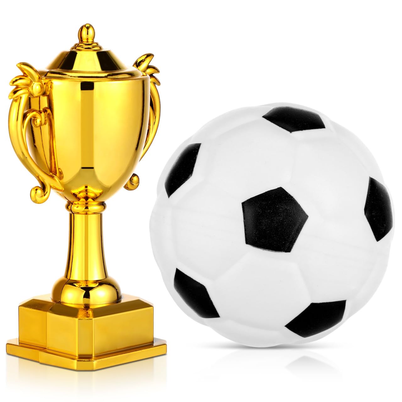 YARNOW Mini Football and Plastic Trophy Set, 6cm Miniature Soccer Ball for Cake Toppers, Small Kids Party Prize Awards, Dollhouse Sports Accessories, Birthday Decorations, 2Pcs