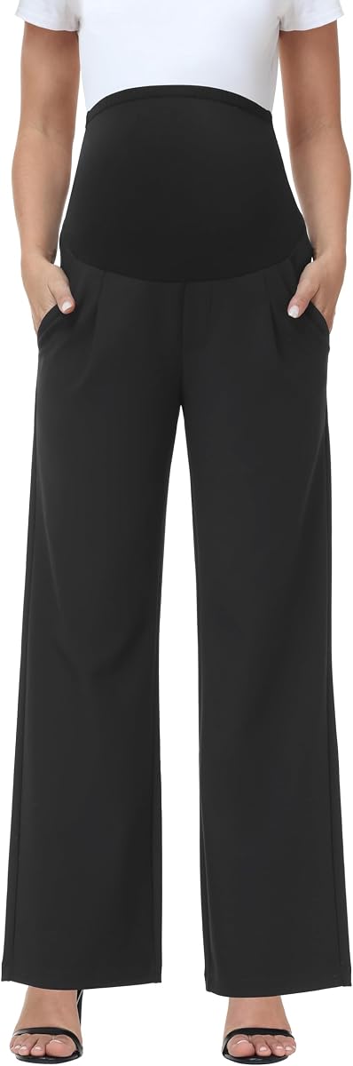 Maternity Pants Work Stretchy Wide Leg Dress Pant | Over The Belly, Soft & Comfy Fabric, Loose Fit, Casual Work Slacks, Pregnancy Business Trousers With Pockets