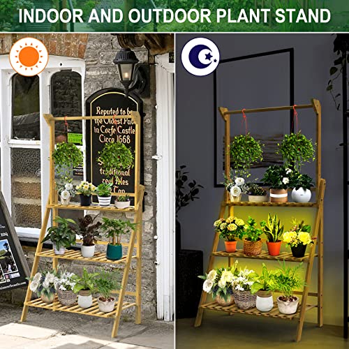 Bamboo Plant Stand With Grow Lights Multiple Flower Ladder Planter Pot Holder Hanging Plant Shelf Rack Display Organizer For Indoor Outdoor Patio Garden Corner Balcony Living Room Tall 3Tier 12 Potted #TOP5