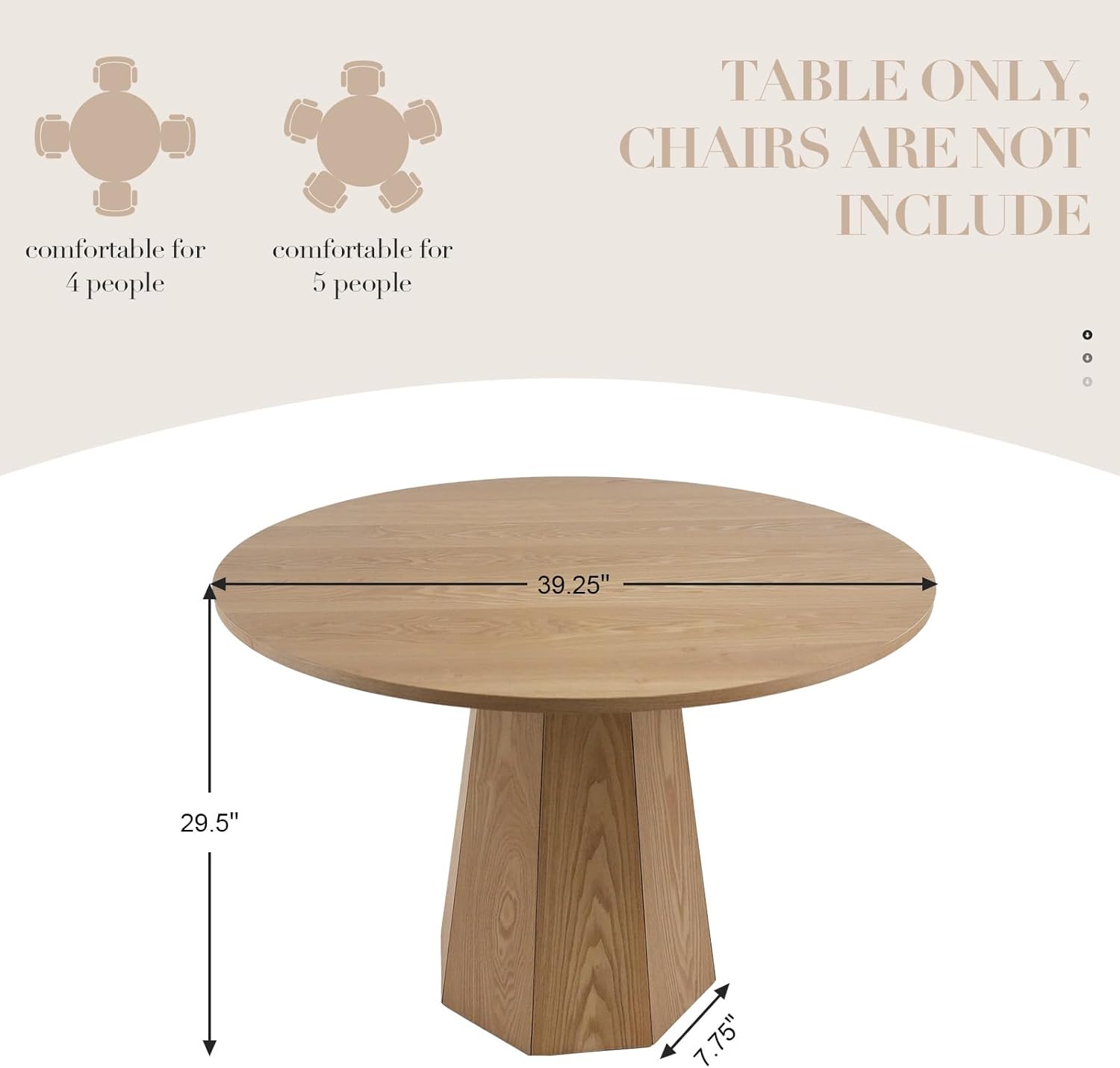 CIMOTA 39” Round Solid Wood Dining Table for 4-5 People, Modern Pedestal Kitchen Table with Octagon Base, Circle Tabletop/Natural Wood Grain Finish, for Dining Room/Kitchen/Small Space/Breakfast Nook