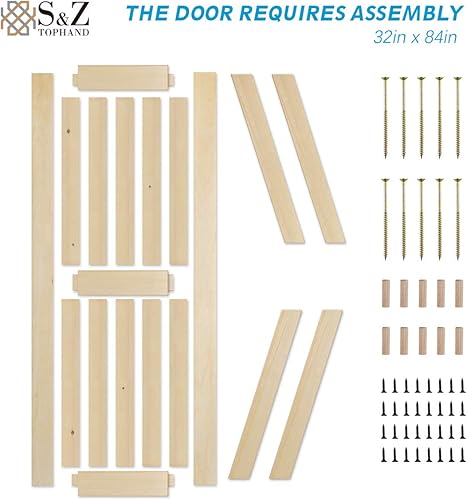 Miniatura 42 de S&Z TOPHAND 48" x 80", Puerta estilo granero British Brace de madera nudosa, sin terminar, con kit de herrajes para puerta corredera de 8', madera