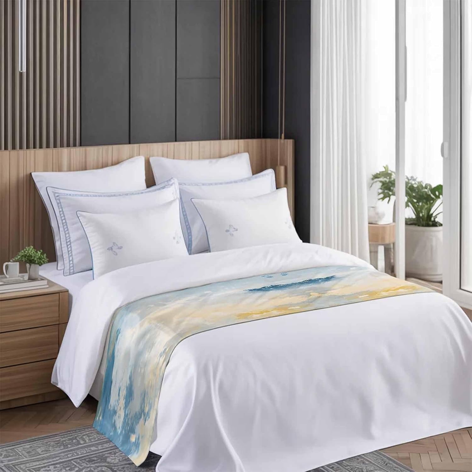 Blue Yellow Bed Runner Scarf Cal King Size, Modern Vintage Oil Painting Abstract Bed Throw Runners & Scarves for Twin Full Queen King Foot of Beds, Bedroom Hotel Wedding Room Decoration, 102"x20"