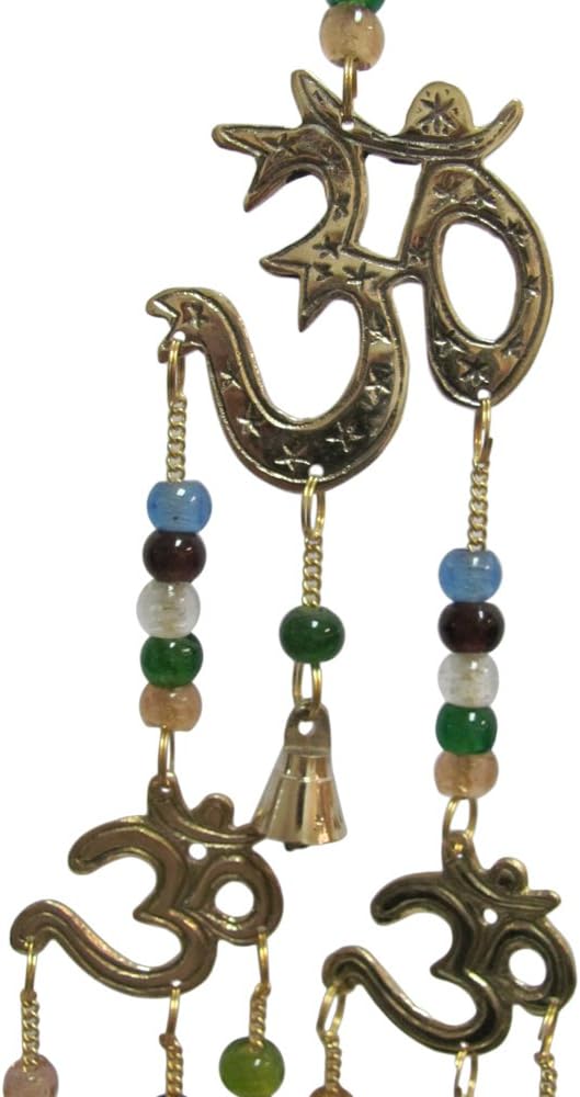 Brass Three Om Yoga Meditation Feng Shui Decorative Good Luck Home & Garden Wall Hanging Seven Bell Wind Chime w/Beads