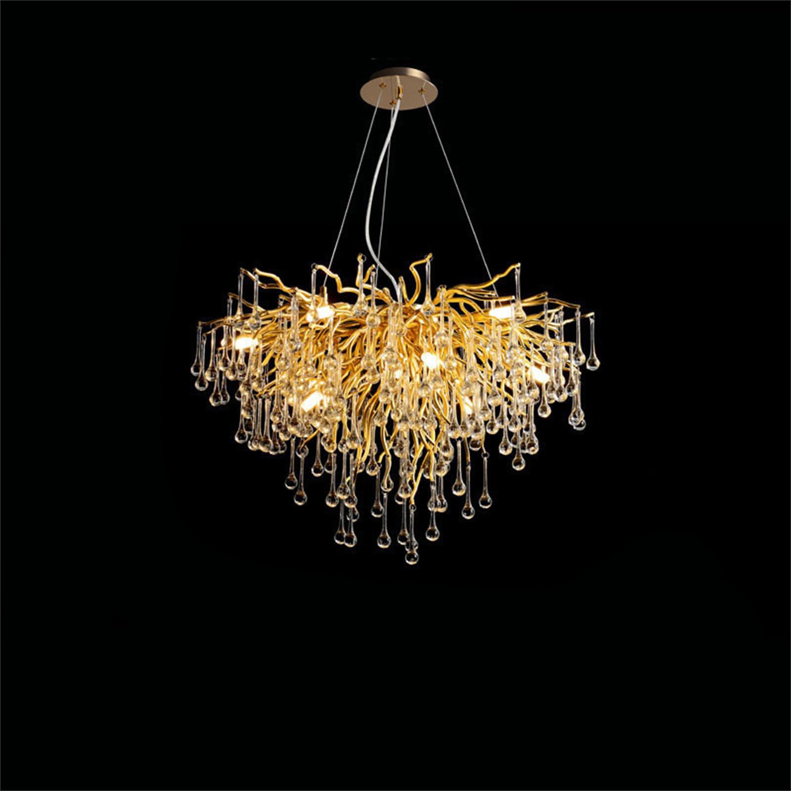 KXEcoLife Modern Crystal Branch Chandelier, Large Linear Raindrop Pendant Light Fixture for Dining Room, Kitchen Island, Living Room & Bedroom,Round D23.6