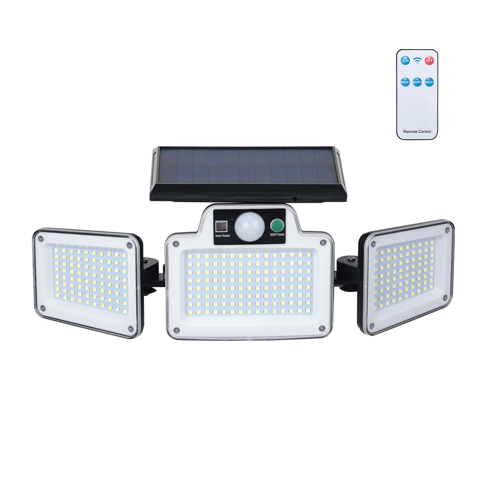 GRIFEMA GD202 Solar Security Lights Outdoor Motion Sensor, Solar Floodlights Outdoor Garden, 3 Adjustable Heads, 280 LED, 3 Remote Modes, IP65 Waterproof for Yard Garage Pathway