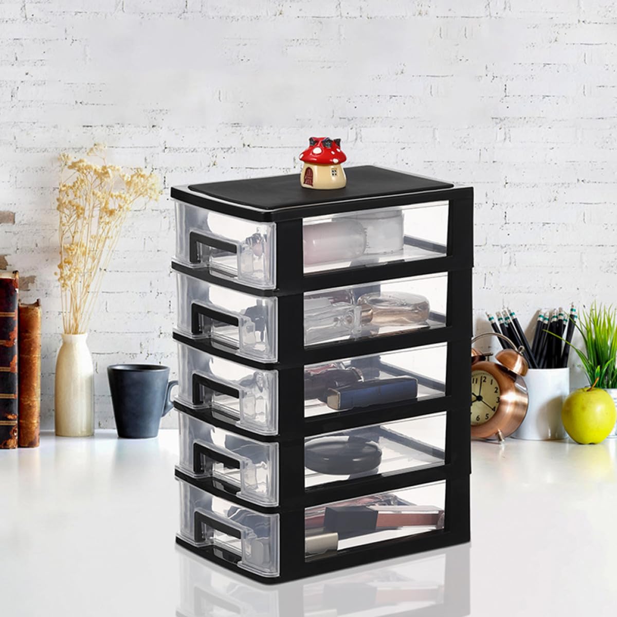 BESPORTBLE Cassettiera in Plastica Trasparente 5 Livelli 2 Pezzi, Cassetti Portaoggetti da Scrivania Multiuso per Ufficio, Organizer per Trucco e Bagno Ampia Capacità Salvaspazio