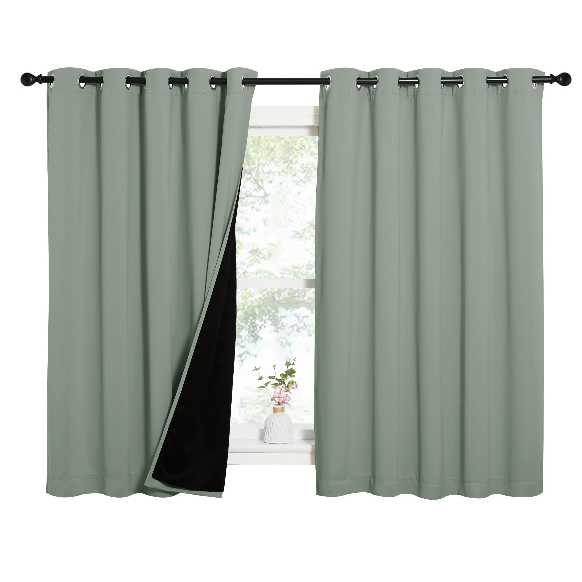 NICETOWN Greyish Green 100% Blackout Lined Curtains, 2 Thick Layers Completely Blackout Window Treatment Thermal Insulated Drapes for Kitchen/Bedroom (1 Pair, 62" Width x 63" Length Each Panel)
