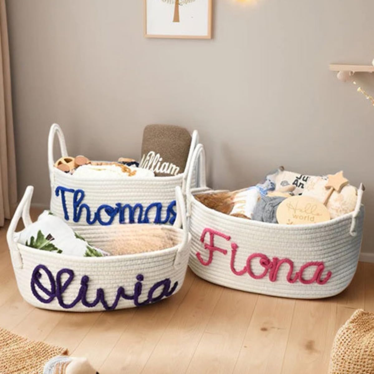 Custom Name Baby Basket,Personalized Hand Embroidered Bag with Name,Personalized Handmade Baby Basket (M 33 * 23 * 13cm)