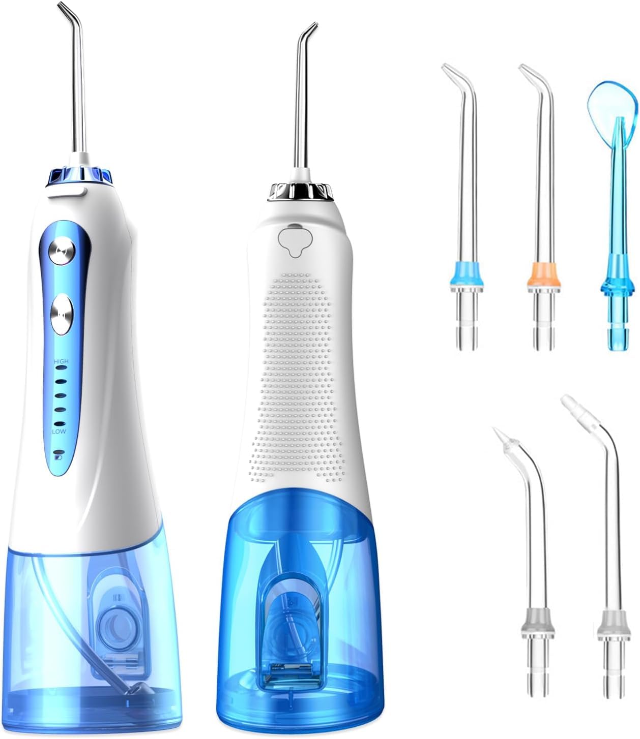 Irrigatore orale senza fili, 300 ml, risciacquo da viaggio, 5 modalità e 5 ugelli, irrigatore orale elettrico, IPX7, impermeabile, ricarica USB (blu/bianco)