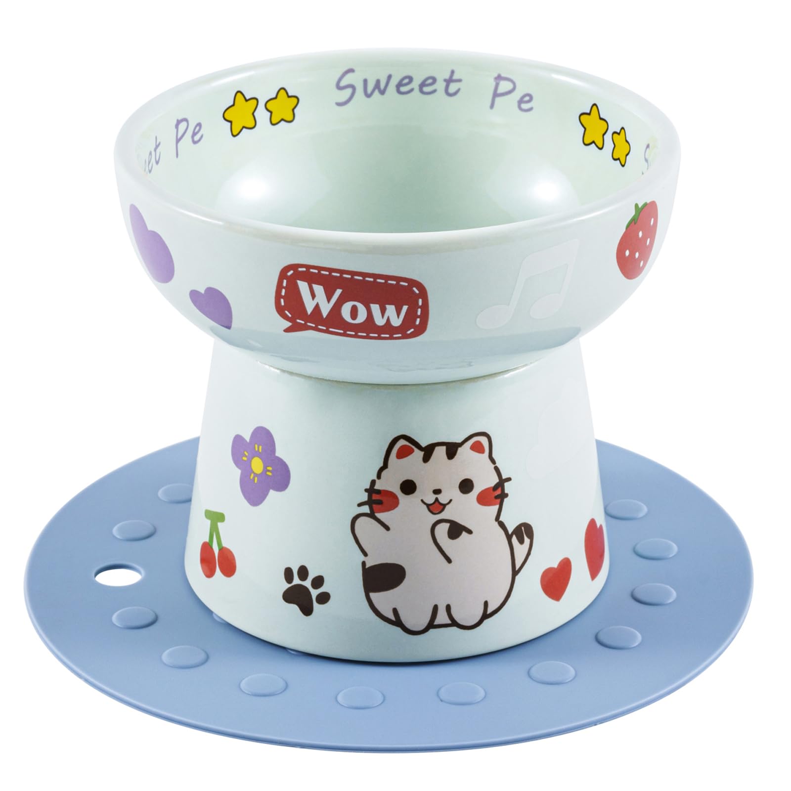 4.8 inch Ceramic elevated cat bowl with anti slip pad cat food container dish raised cat patternbowls with stand candy color cute (Blue)