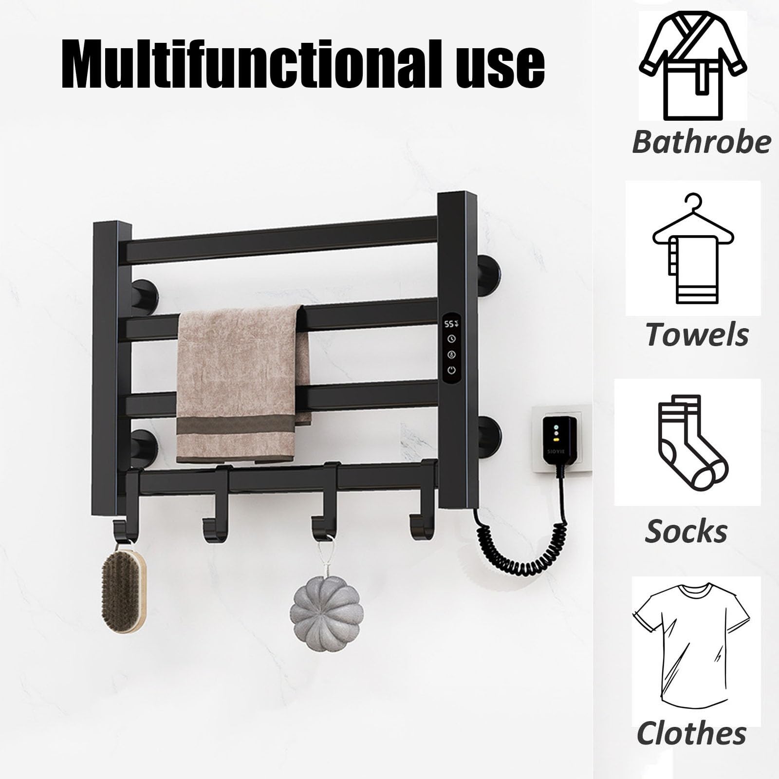 Scaldasalviette a Parete, scaldasalviette con Spina, 5 Barre per Bagno, scaldasalviette a Risparmio energetico con Timer