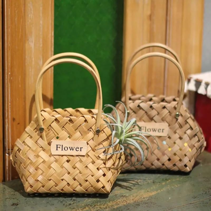 Wood Baskets Woven Hand-Held Wicker Cachepot For Flowers Pot Wicker Baskets Girl Storage Basket with Handle Wedding Home Decor image 4