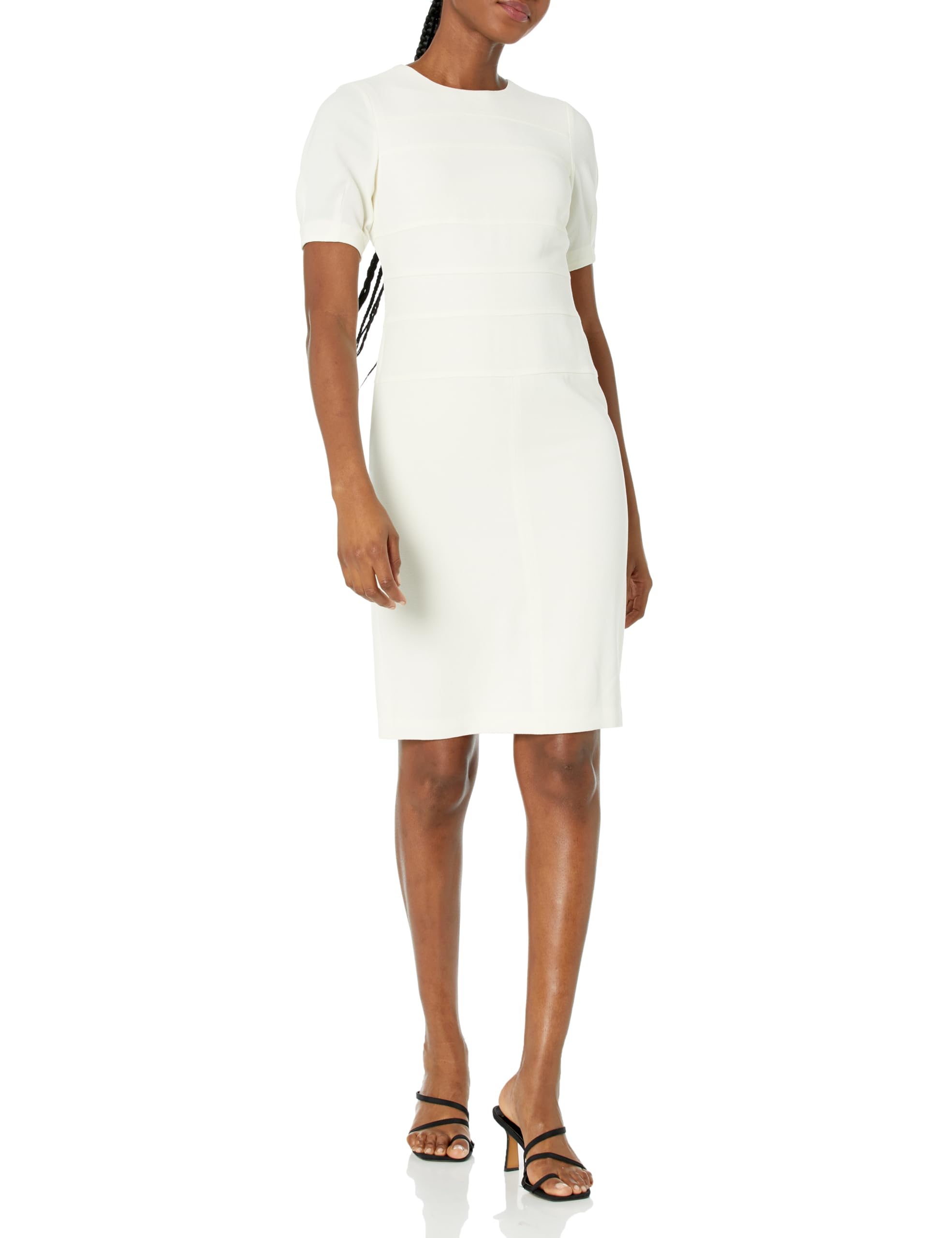 Tommy Hilfiger Women's Scuba Crepe Structured Short Puff Sleeve Dress, Pearl, 14