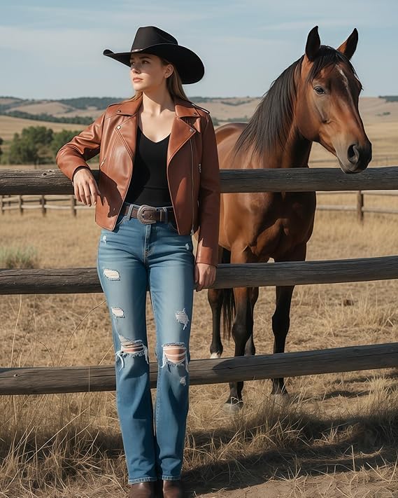 Image of Women Biker Faux Leather Jacket Vintage Casual Outfit