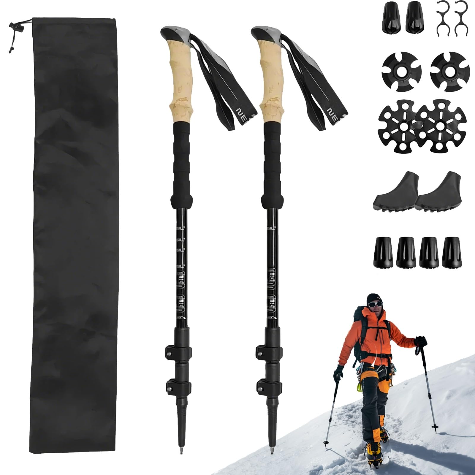 Kijki trekkingowe dla mężczyzn i kobiet, odpowiednie do wędrówek, wędrówek z plecakiem, uprawiania sportu i podróży, zestaw 2 składanych aluminiowych kijków trekkingowych.