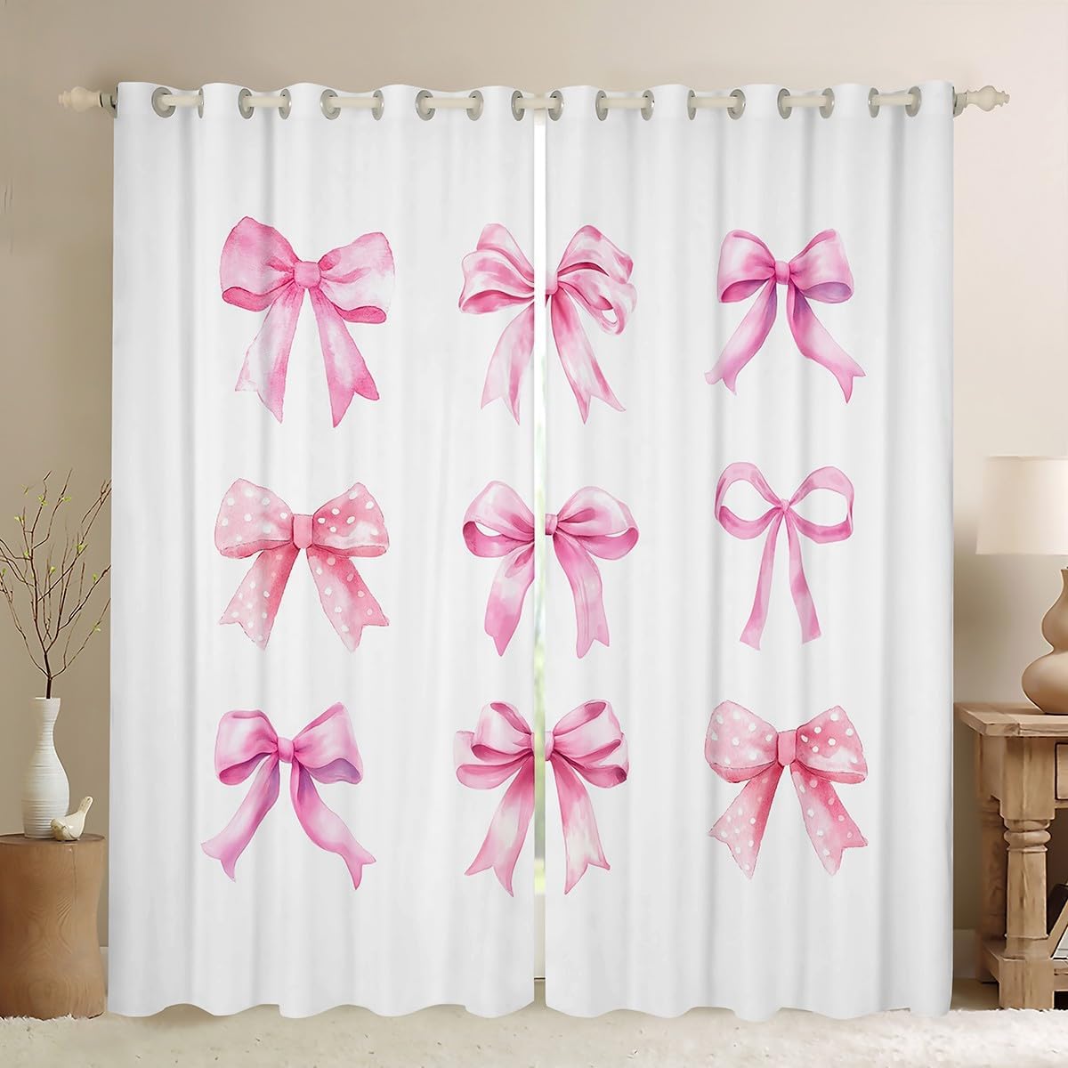 Erosebridal Cute Bowknot Curtains 38" Wx45 L, 2 Panels Kawaii Bow Darkening Drapes Kids Aesthetic Coquette Ribbon Tie Simple Window Treatments Fantasy Geometric Dreamy Princess Blackout Shades