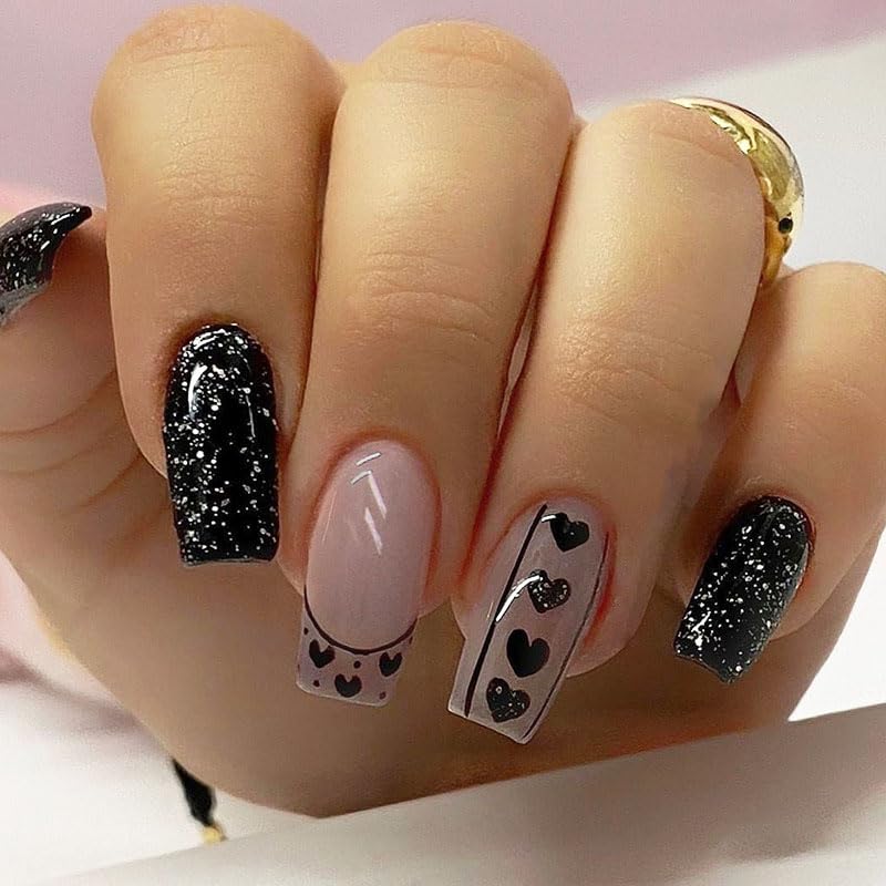 Black Press on Nails Medium Square Fake Nails with Fashion Heart ...