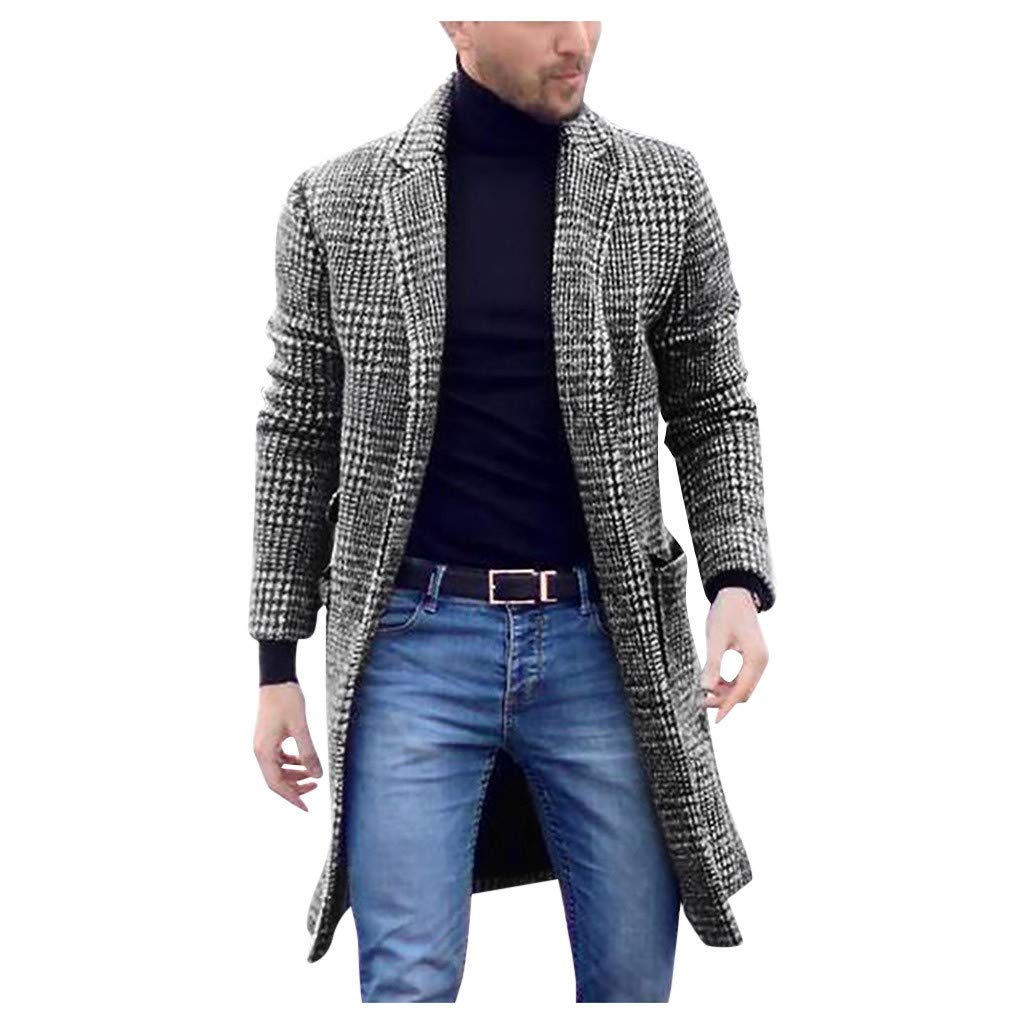 Mens Long Sleeve Coat Winter Warm Plaid Button Long Jacket Fashion Casual Gentlemen Outwear