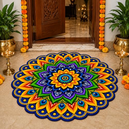 Image of 3D Rangoli | Floral | Mandala Art | Door Mat | Water Absorbent, Anti-Skid, Machine Washable Floor Mat | Soft Microfiber Carpet for Home, Living Room & Bedroom | Premium Mat (Mandala Art 1, Round)