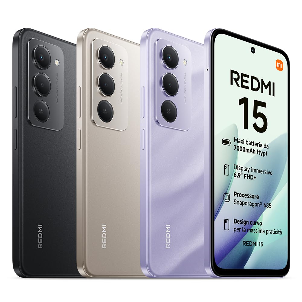 Xiaomi Redmi 15, Smartphone 8+256GB, DotDisplay FHD+ 144Hz da 6,9", Snapdragon 685, doppia fotocamera AI da 50MP, Batteria da 7000mAh, Garanzia di 2 anni, Viola, Caricabatterie non incluso