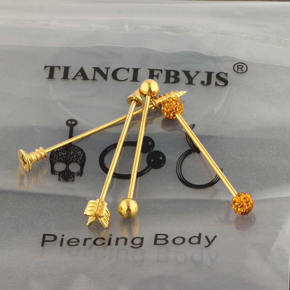 TIANCI FBYJS 9-16pcs 14G Industrial Piercing Stainless Steel Industrial Earrings Barbell with Chain Dangle for Women Men Cartilage Stud Industrial Piercing Jewelry 1 1/2 Inch 38mm: 4pcs Gold Color