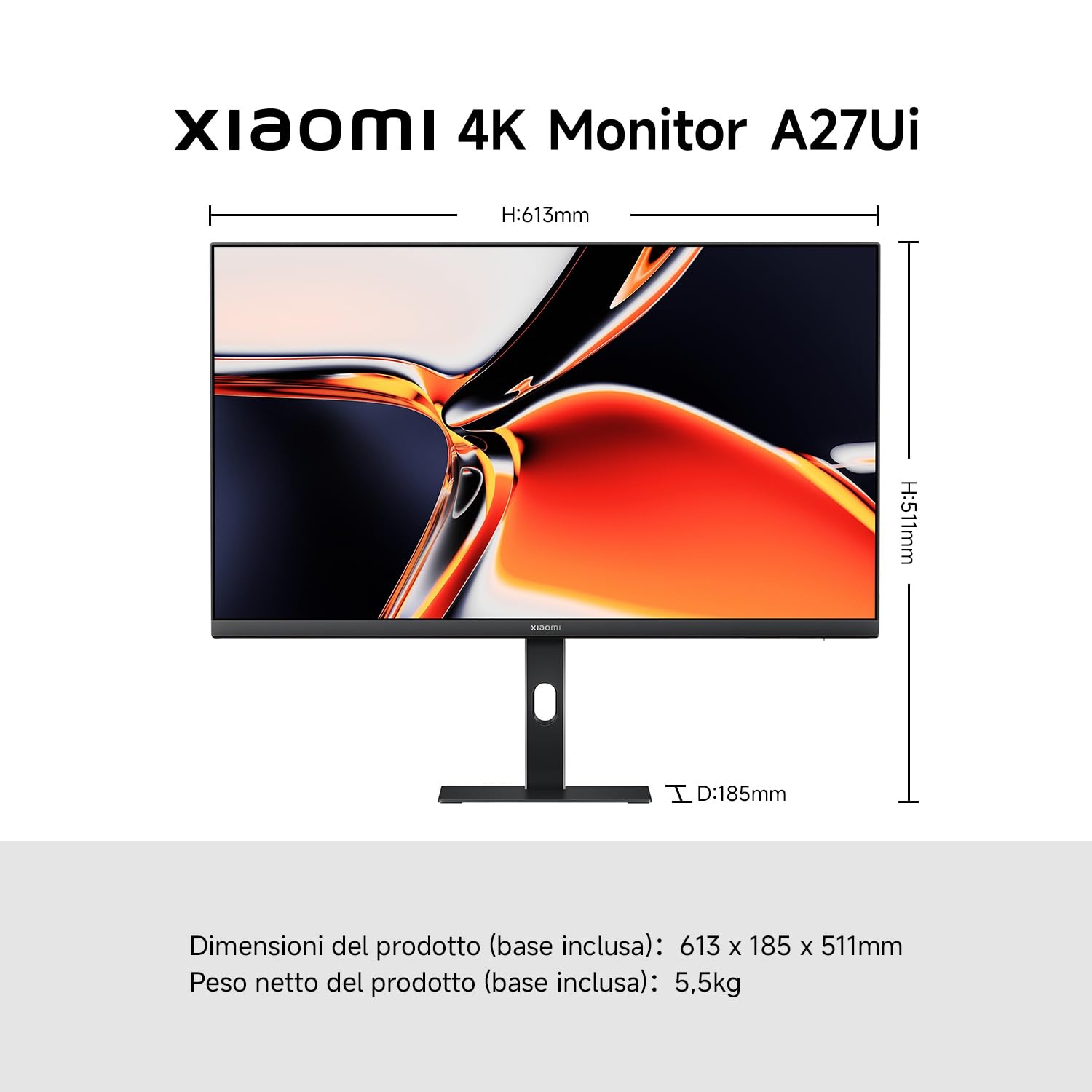 XIAOMI A27Ui Monitor UHD 4K da 27 Pollici, IPS, HDR10, 100% sRGB, 95% DCI-P3, Ricarica Inversa 90W, Certificazione TÜV Low Blue Light (3840 x 2160/HDMI 2.0/DP 1.4/Type-C 90W Output)