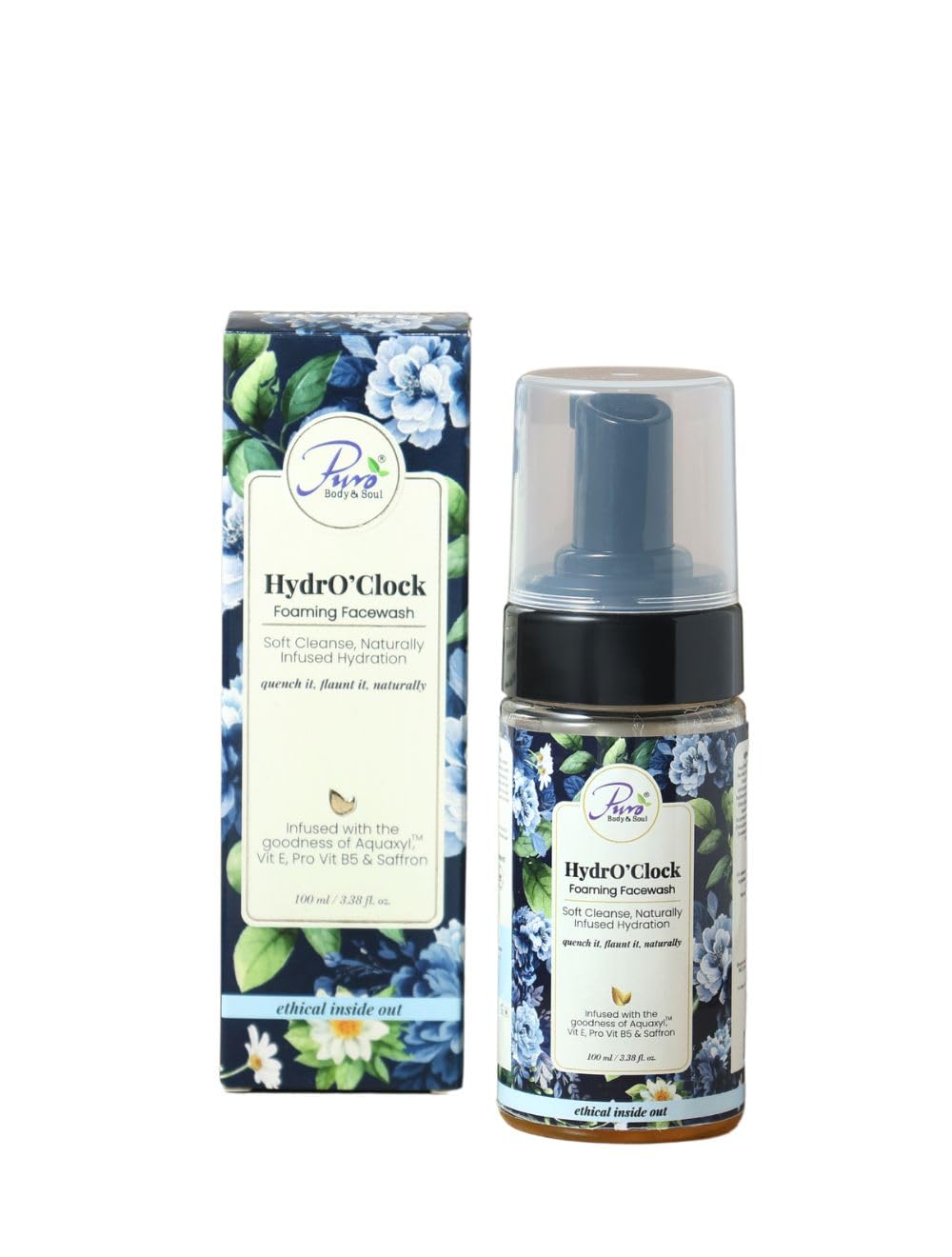 Puro Body & SoulHydrO'Clock Foaming Face Wash | Gentle Daily Cleanser with Aquaxyl, Vitamin E & Saffron | Deep Cleansing, Oil-Control Formula for Fresh, Glowing Skin | 100ml