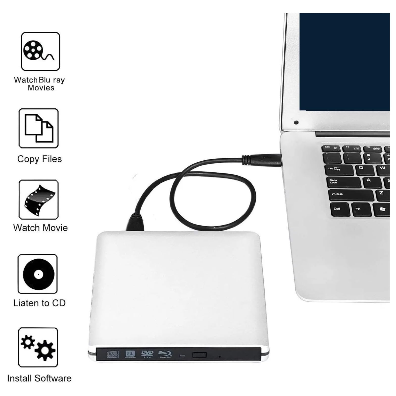 unità Ottica Esterna Ultrasottile con masterizzazione Blu-Ray 4K, USB 3.0, Riproduzione Dvd, Blu-Ray R/W 3D
