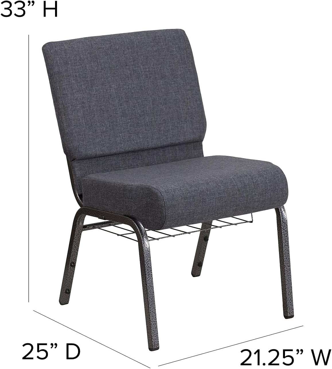 Flash Furniture HERCULES Series 21''W Church Chair in Dark Gray Fabric with Book Rack - Silver Vein Frame