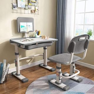 Cantonape Height Adjustable Kids Desk & Chair Set with Tilt Top, LED Lamp, Storage Drawer - Grey for Ages 3-15