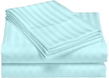 LaxLinen Sleeper Sofa Bed Sheet Set 4 pc Queen 60" x 74" + 6" Sofa Sleeper Fit Mattress Up to 6" Inch Deep Aqua Blue Stripe Egyptian Quality- 600 TC