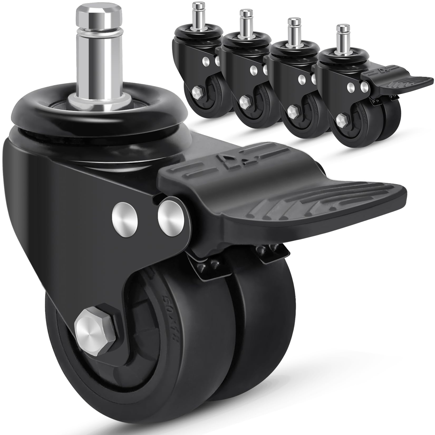 Nefish Office Chair Caster Wheels with Brake, 11mm, 2 Inch Heavy Duty Rubber Office Chair Wheel Replacement, Support 750lbs(Set of 5), Quiet Desk Chair Rollers, Safe for All Floors, Universal Fit