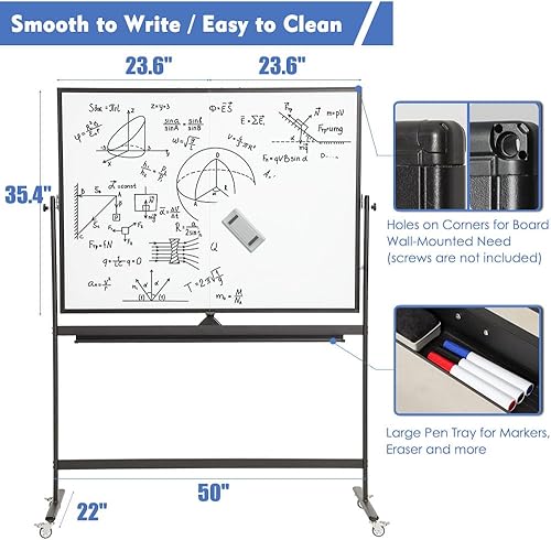 Miniatura 3 de FORTUNO Pizarra blanca magnética móvil de 48 x 36 pulgadas, pizarra rodante de borrado en seco de doble cara con soporte, caballete reversible