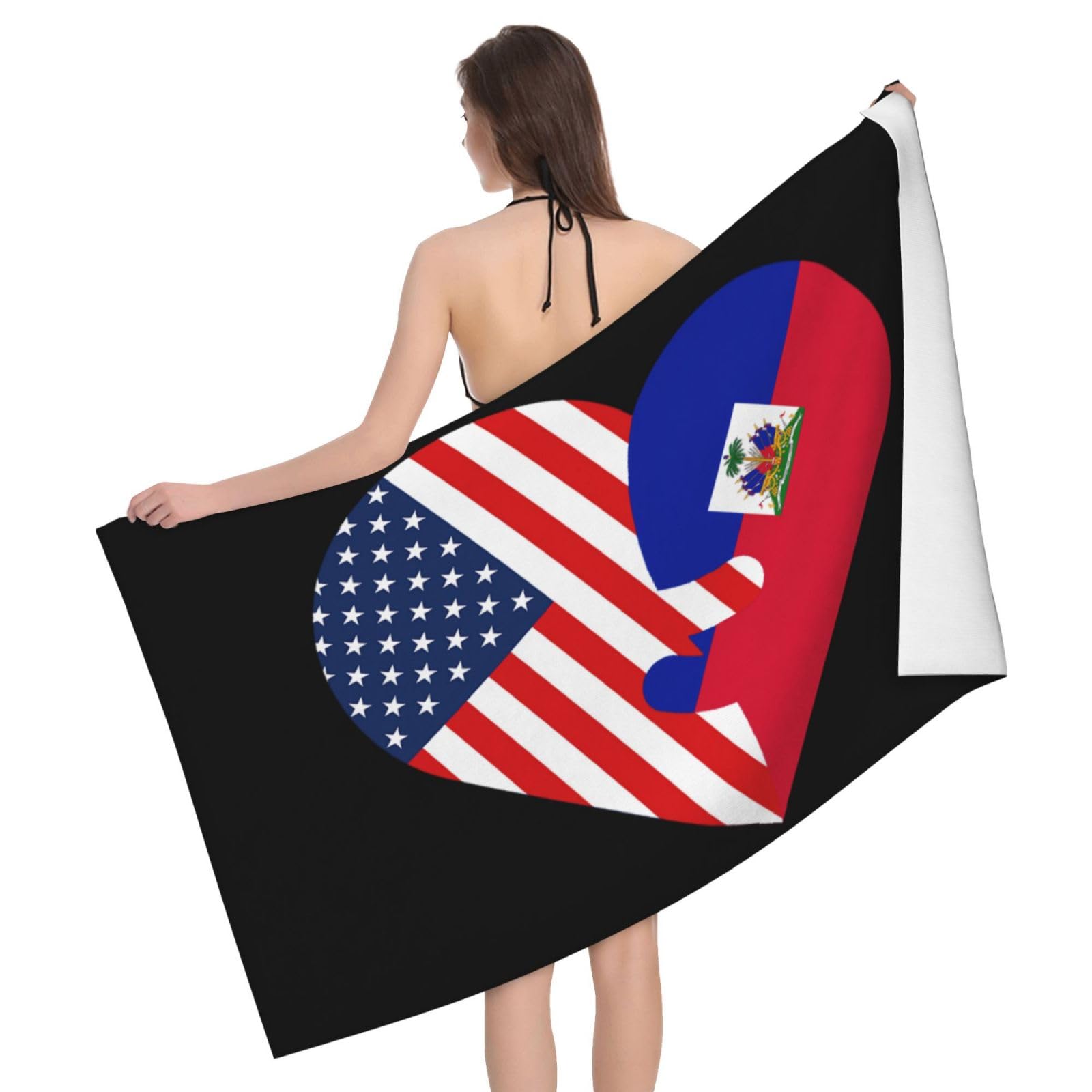 HLBSDM Microfiber Hearts America USA and Haiti Flag Beach Towel Quick Dry Soft Sand Free Beach Towels for Pool Swim Beach Lightweight Thin Towels