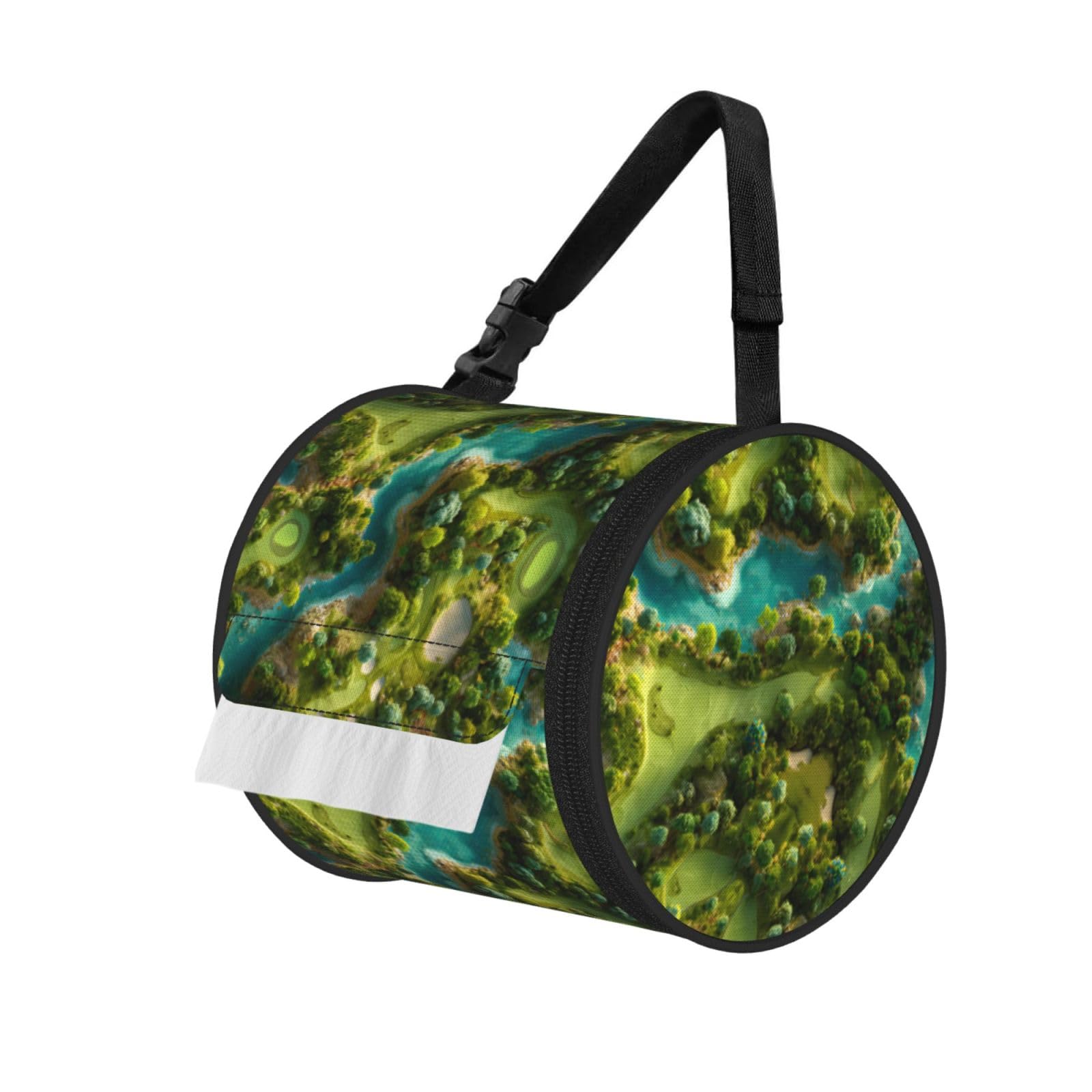 Golf Course Printed Cylindrical Tissue Bag Portable Oxford Cloth, Foldable Travel Tissue Holder With Zipper And Adjustable Belt